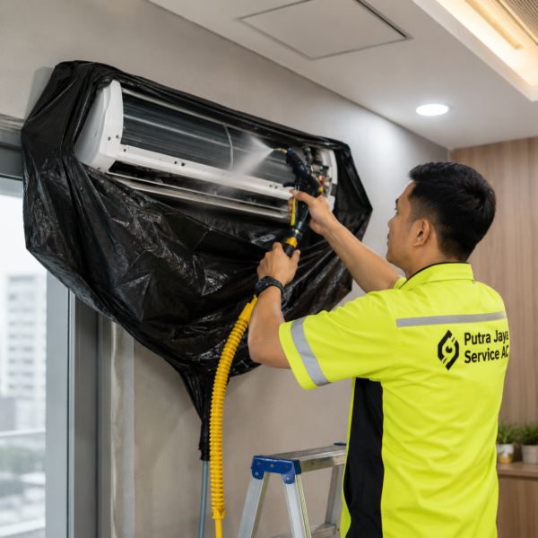 Teknisi serice ac sedang mencuci ac di bekasi