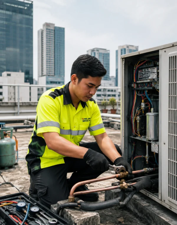 Teknisi HVAC di Atap Sedang Bekerja di Tangerang Solusi Cepat Perbaikan & Ganti Sparepart AC