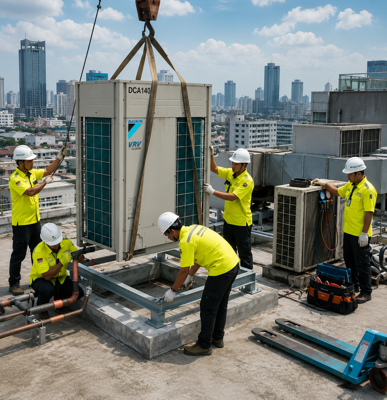 Gambar Teknisi AC sedang memasang AC di atas gedung oleh putra jaya service ac