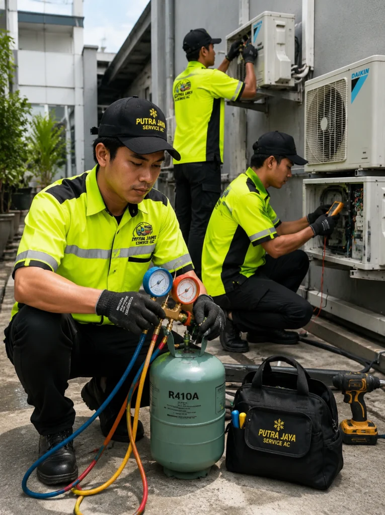 Tiga Teknisi Memperbaiki Unit AC di Atap