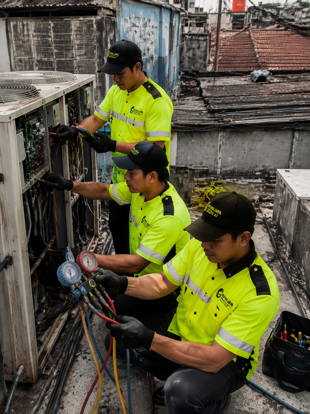 Tiga Teknisi Sedang Memperbaiki HVAC di Atap