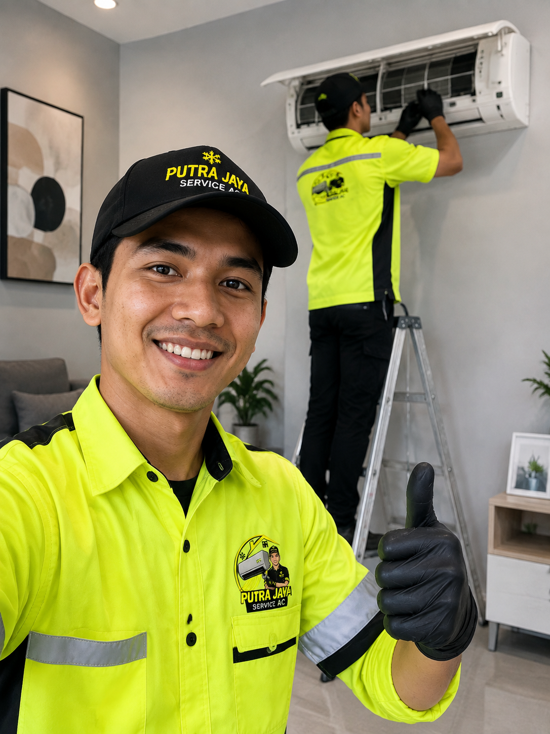 Dua Teknisi Sedang Servis AC